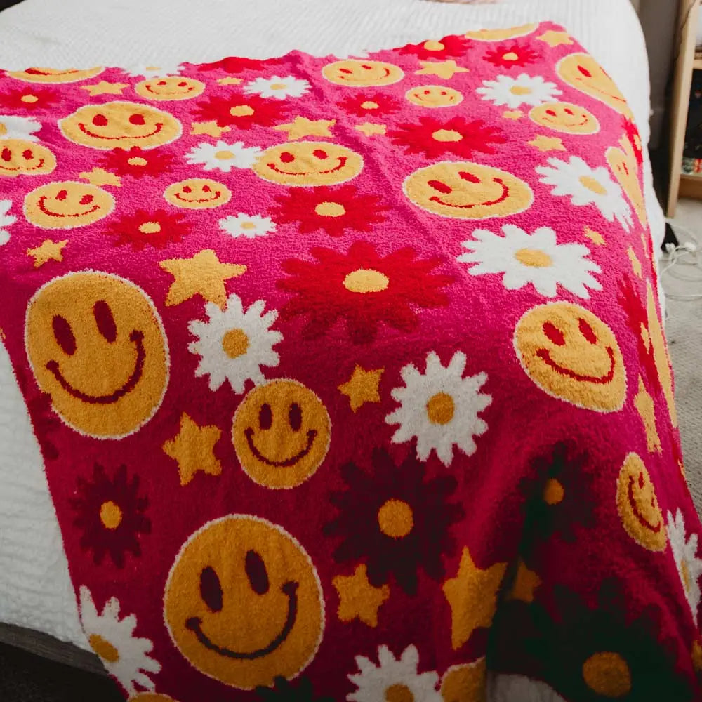 Red Flower Happy Face Oversized Throw Blanket