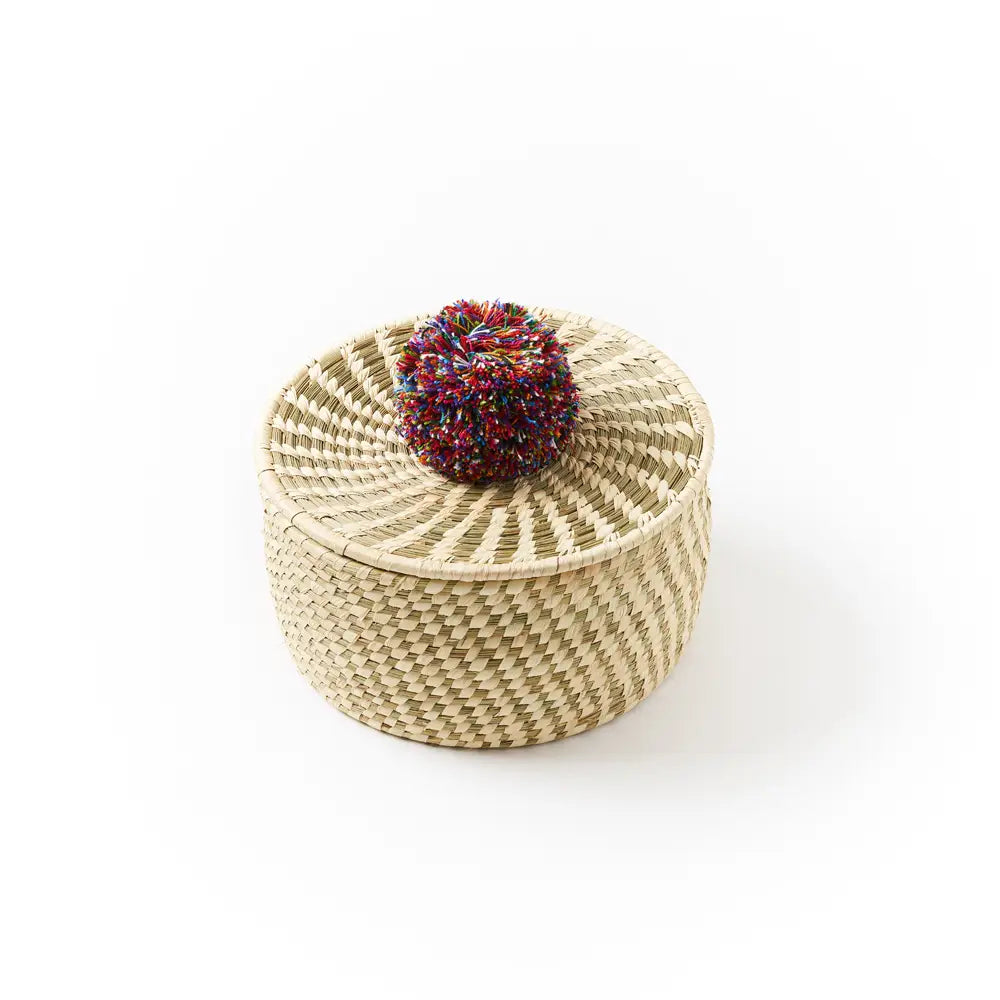 Pom Pom Small Storage Basket with Lid - Hand Woven