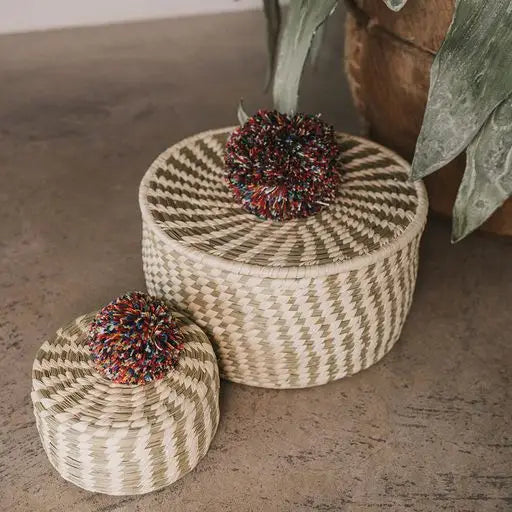 Pom Pom Small Storage Basket with Lid - Hand Woven