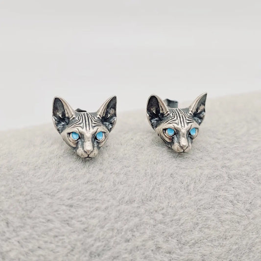 Blue Eye Cat's Head Stud Earrings