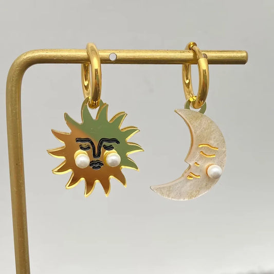 Sun & Moon Charm Asymmetric Earrings