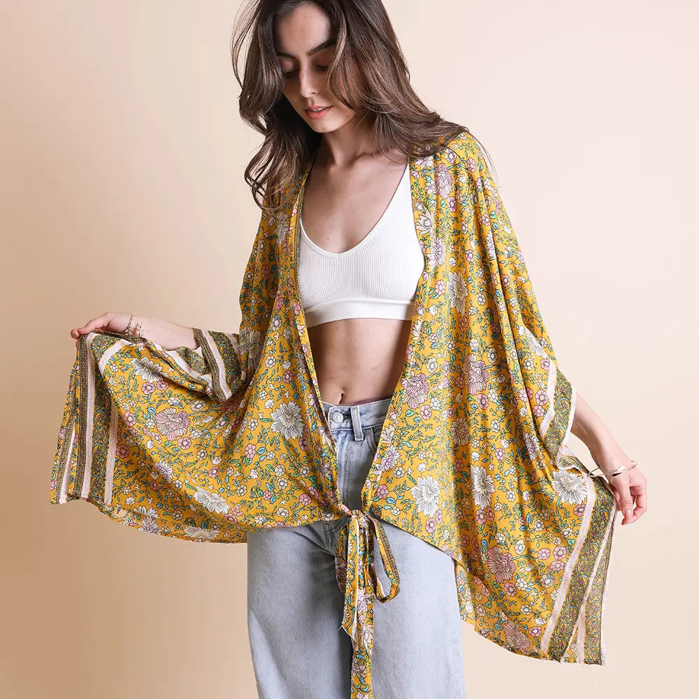 Mustard Floral Kimono Wrap