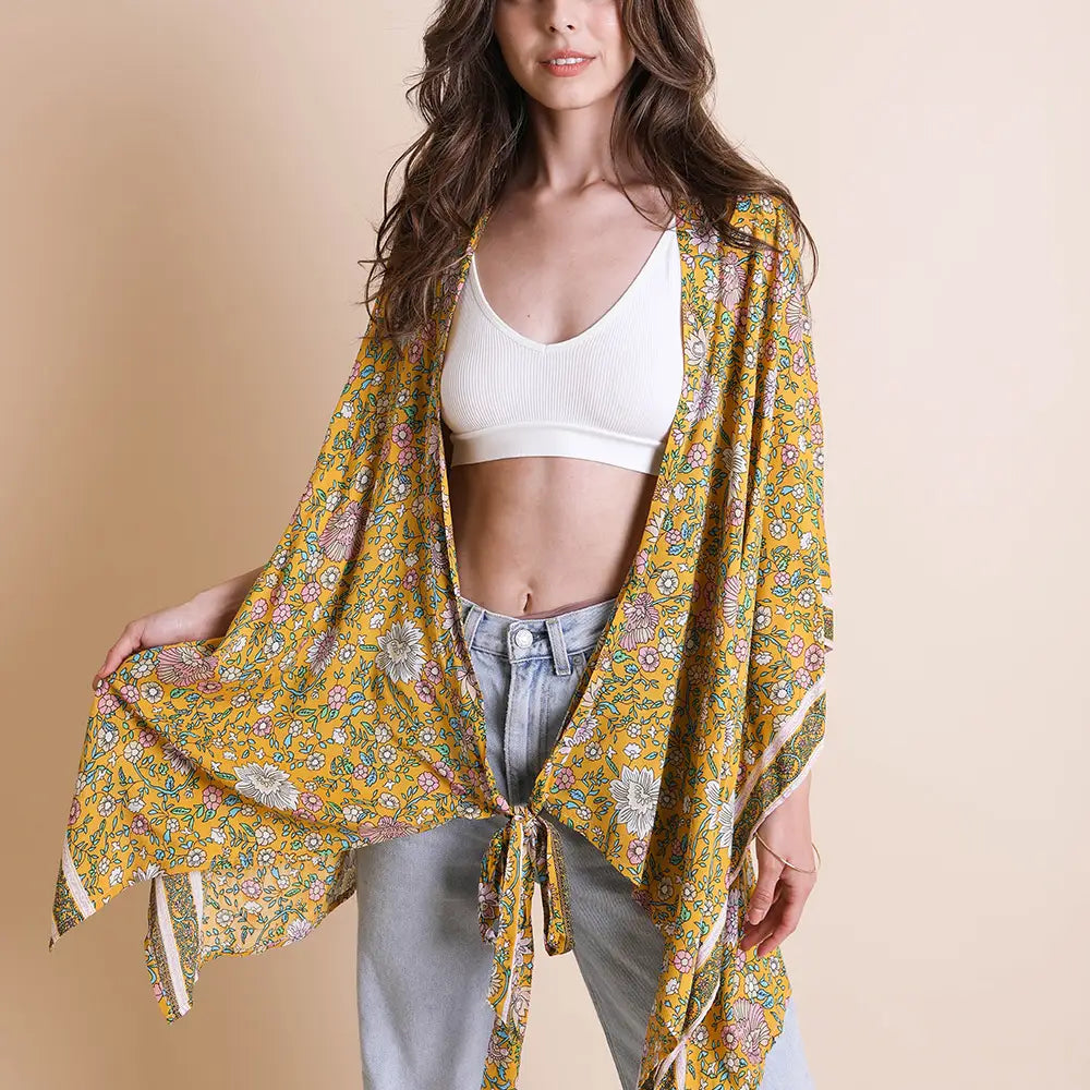 Mustard Floral Kimono Wrap