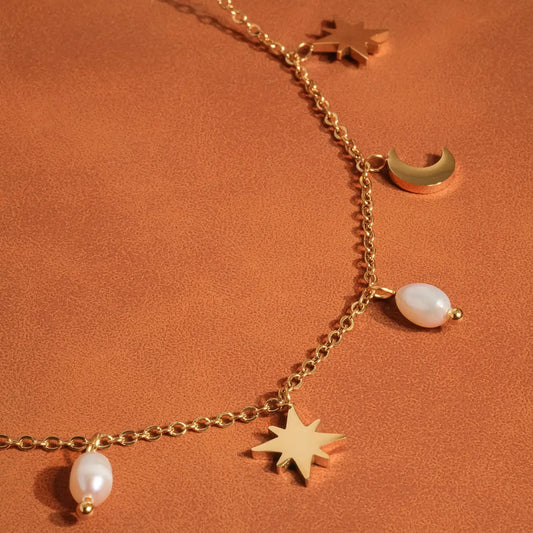 Amaury 18K Gold Non-Tarnish Pearl Moon and Star Choker