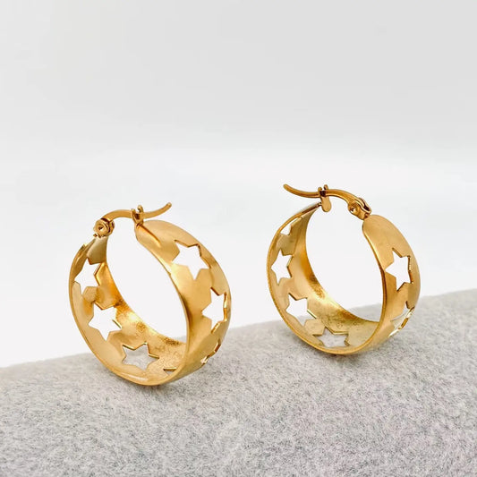 Hollow Stars Gold Plated Stainless Steel Hoop Earrings