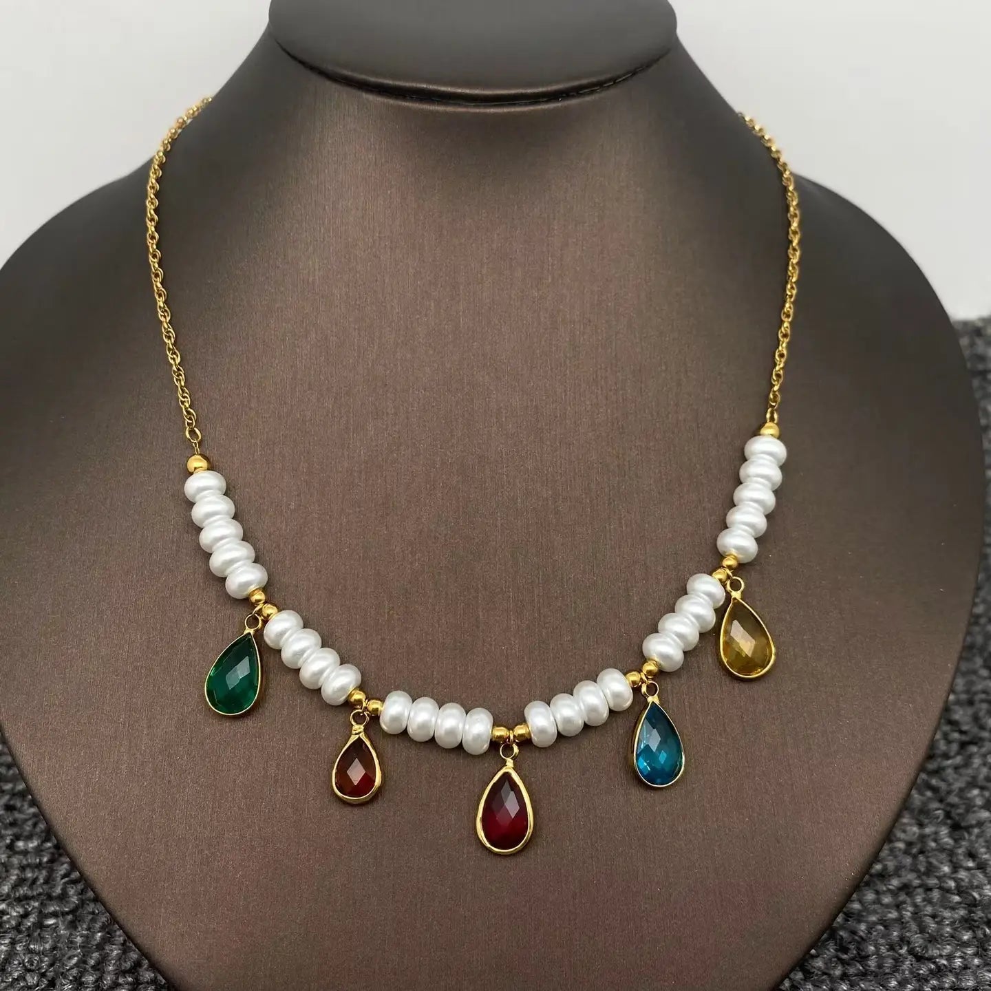 Teardrop Crystal Charm Pearl Beaded 18K Golden Necklace