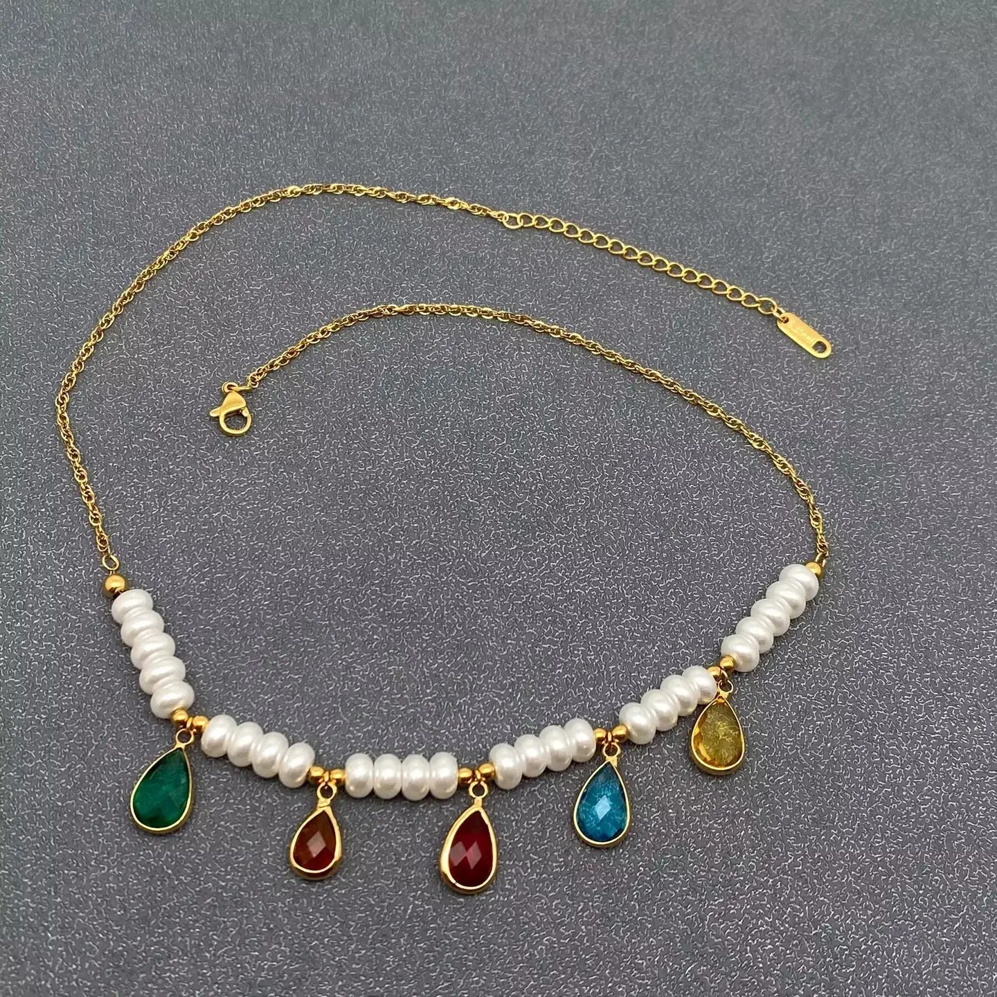 Teardrop Crystal Charm Pearl Beaded 18K Golden Necklace