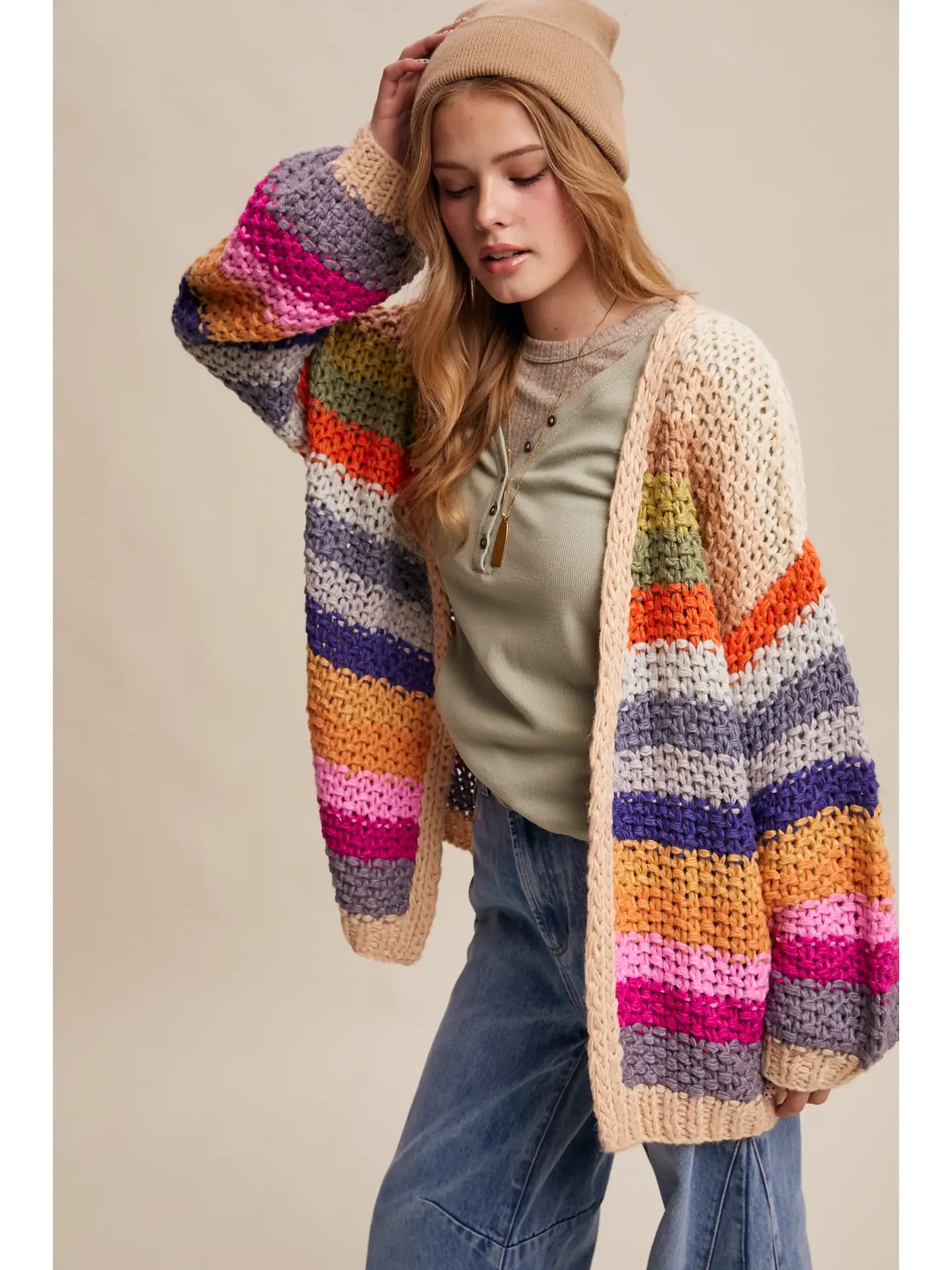 Hand-Crochet Rainbow Open Cardigan