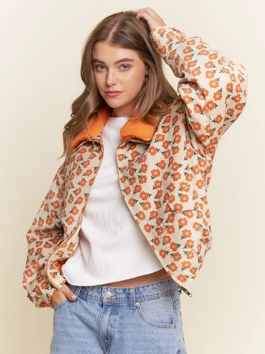 Floral Print Corduroy Aviator Jacket