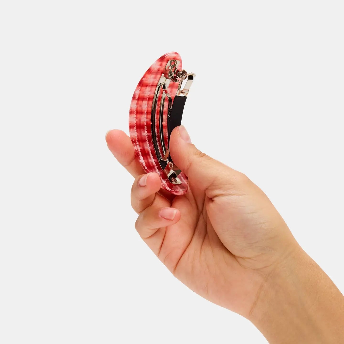 Oval Barrette in Red Plaid.