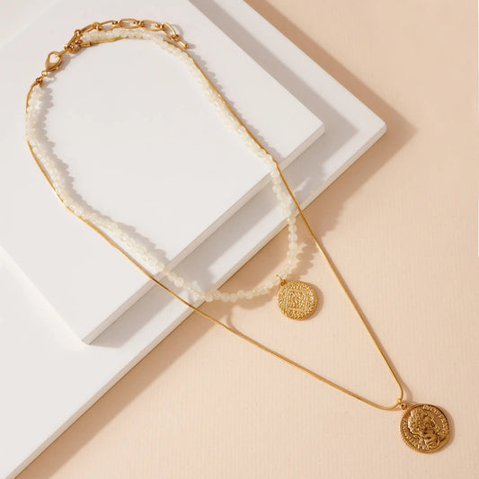 Layered Beaded Coin Necklace - Quartz