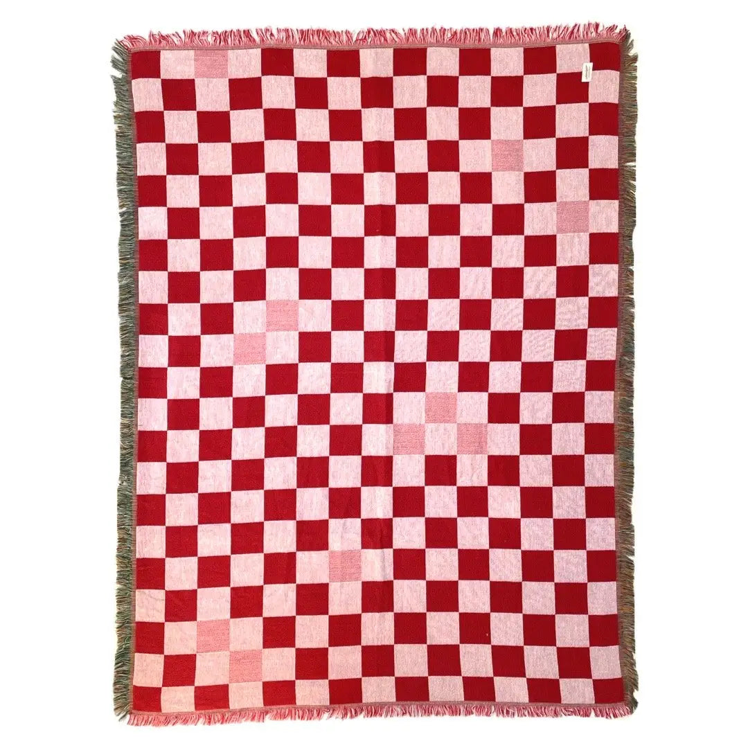 Pink And Red Checkered Woven Blanket