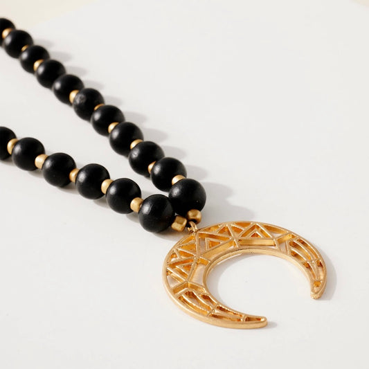 Wood Bead Crescent Necklace • Black