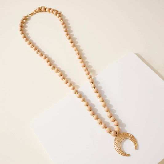 Wood Bead Crescent Necklace • Tan