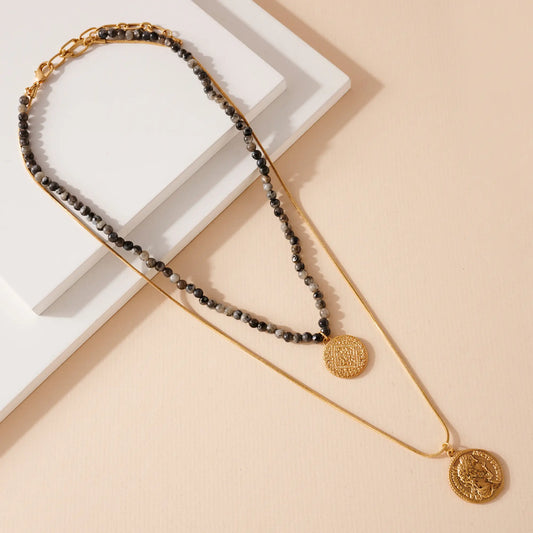 Layered Beaded Coin Necklace - Black
